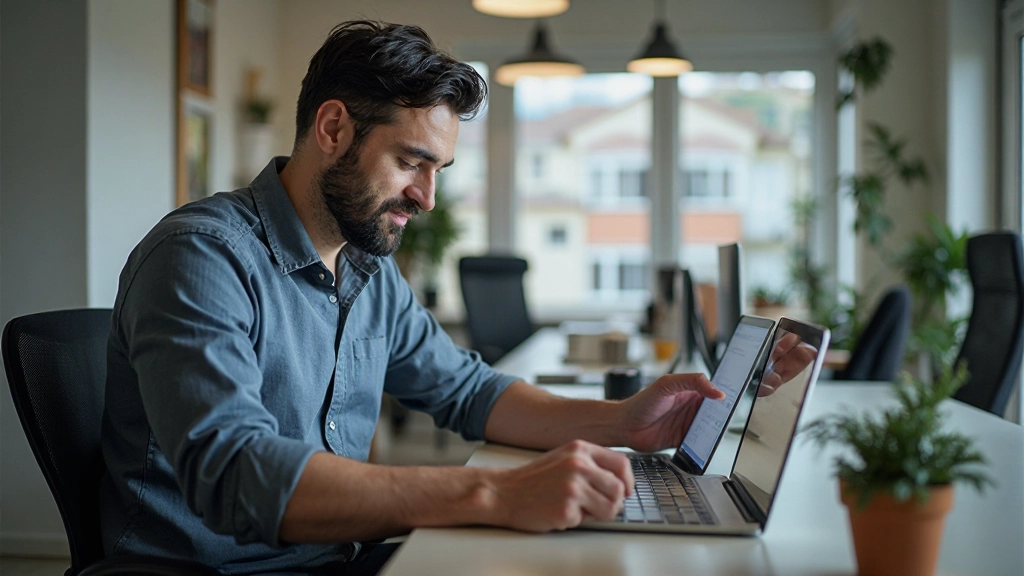 Designer testando interface responsiva em múltiplos dispositivos - tablet, smartphone e desktop