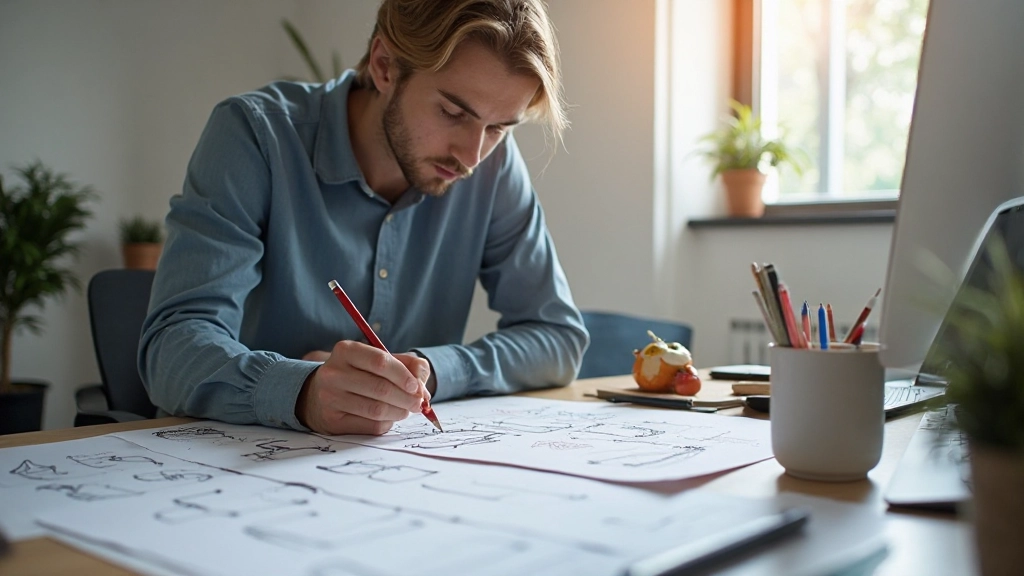 Profissional a trabalhar em projeto de design centrado no utilizador com anotações e protótipos em mesa