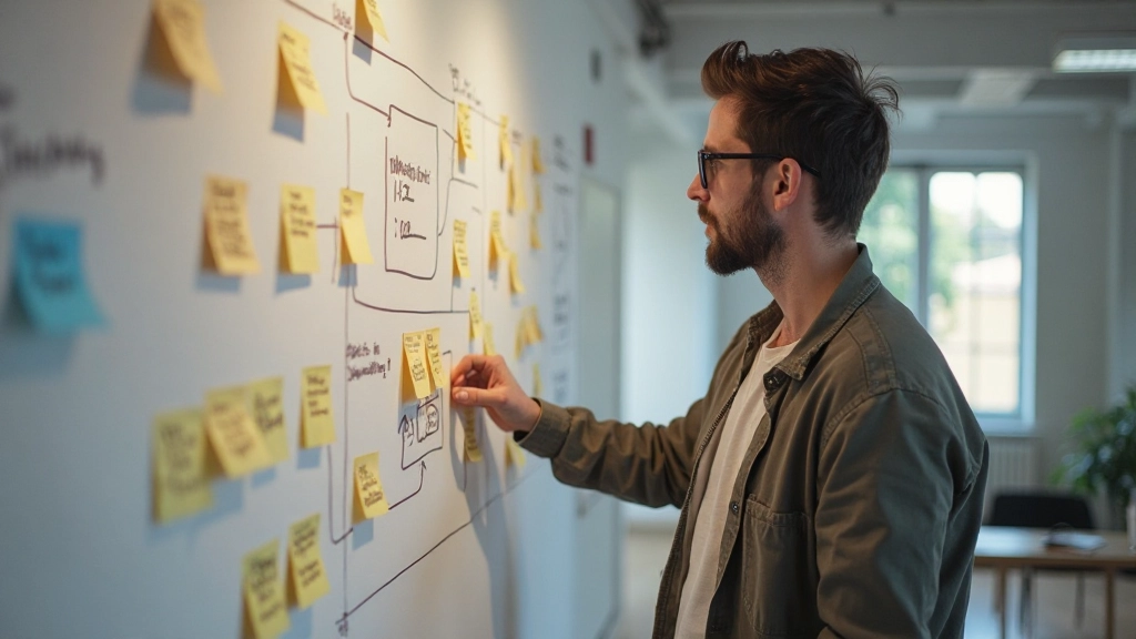 Designer criando mapa visual de jornada do utilizador numa parede