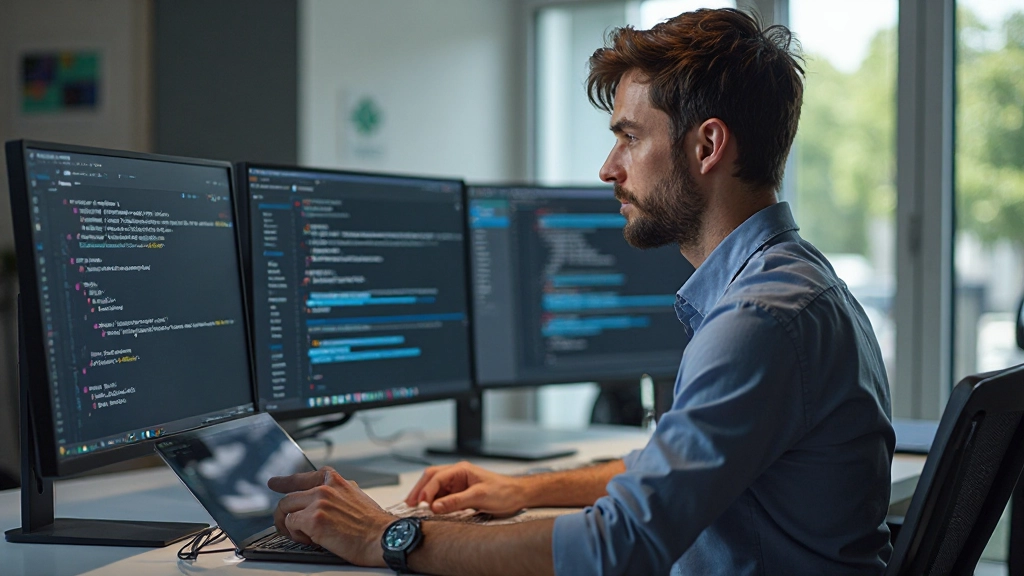 Designer profissional trabalhando em interface responsiva no computador com múltiplos dispositivos visíveis